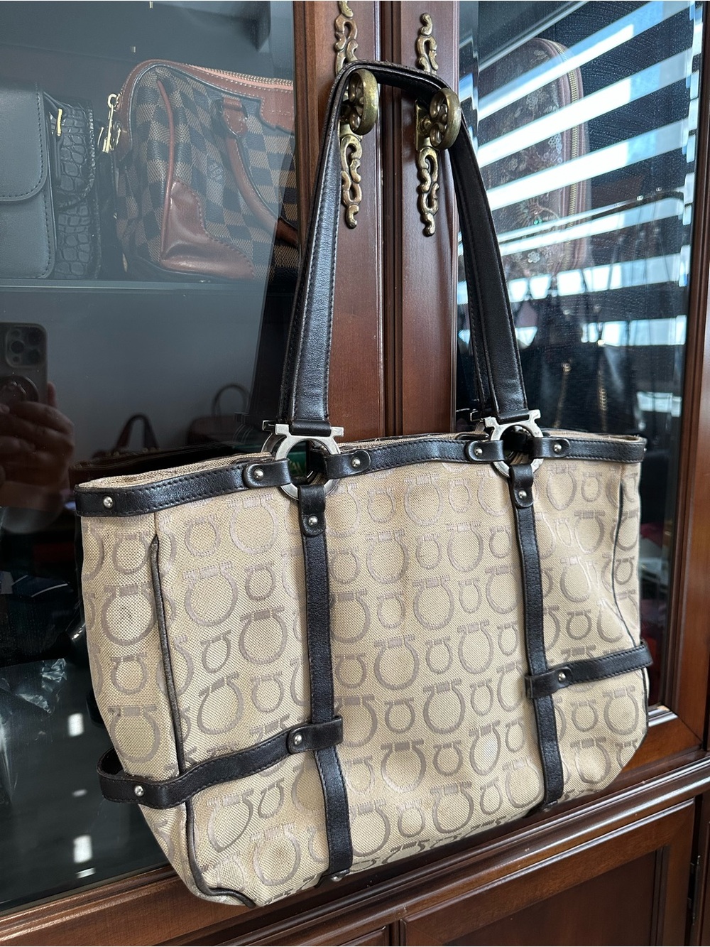Salvatore Ferragamo Vintage Beige Canvas Tote with Dark Brown Leather Trim